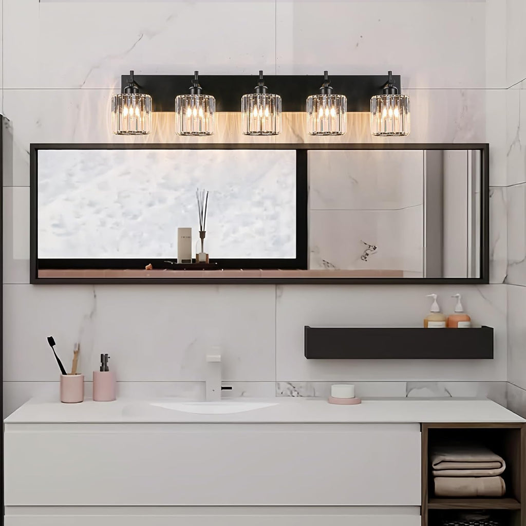 Black Crystal Bathroom Vanity Lights, Modern 5-Lights Bathroom Lighting Fixtures Over Mirror, Crystal Wall Lighting with Round Shade