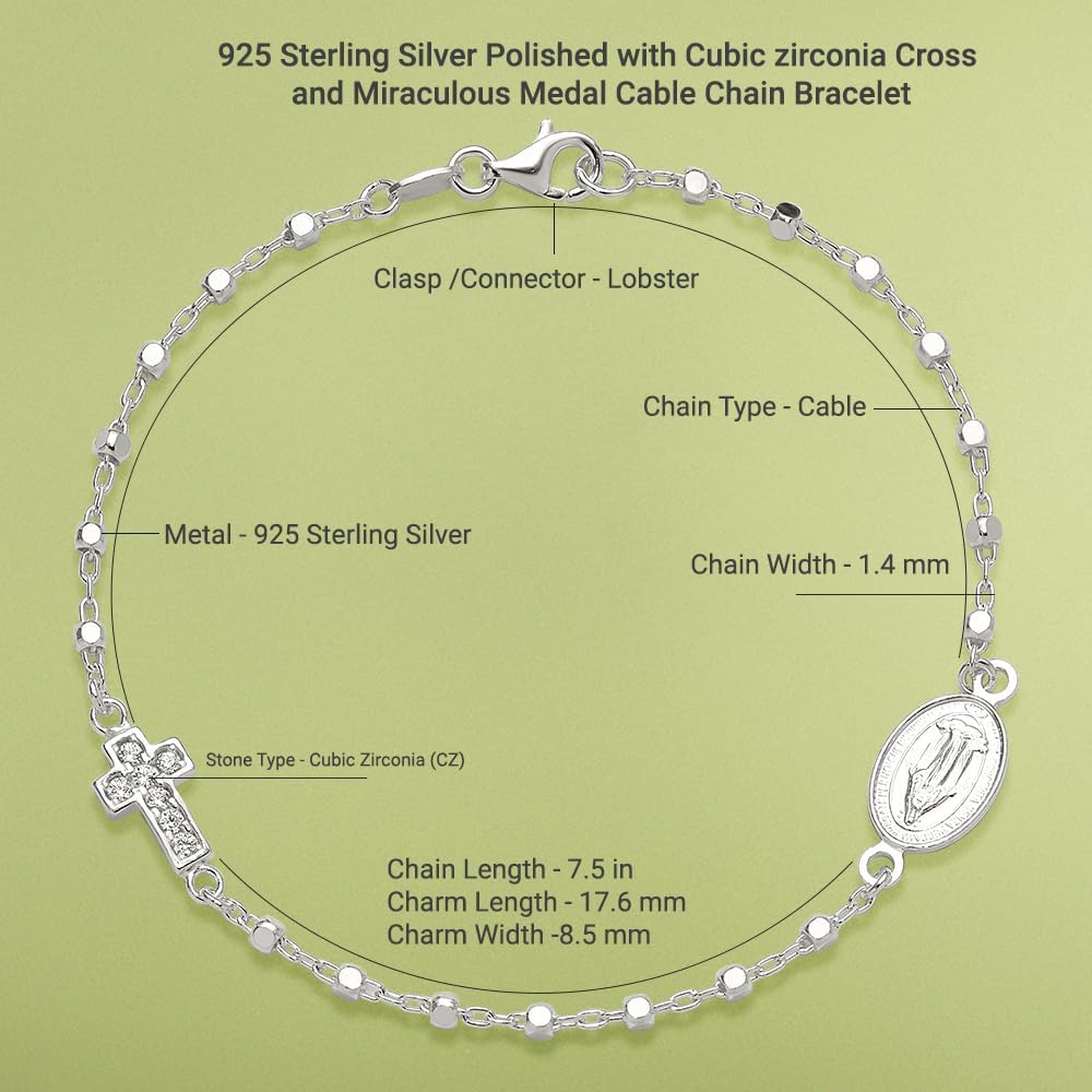 925 Sterling Silver Polished with Cubic zirconia Cross and Miraculous Medal Cable Chain Bracelet 7.5'