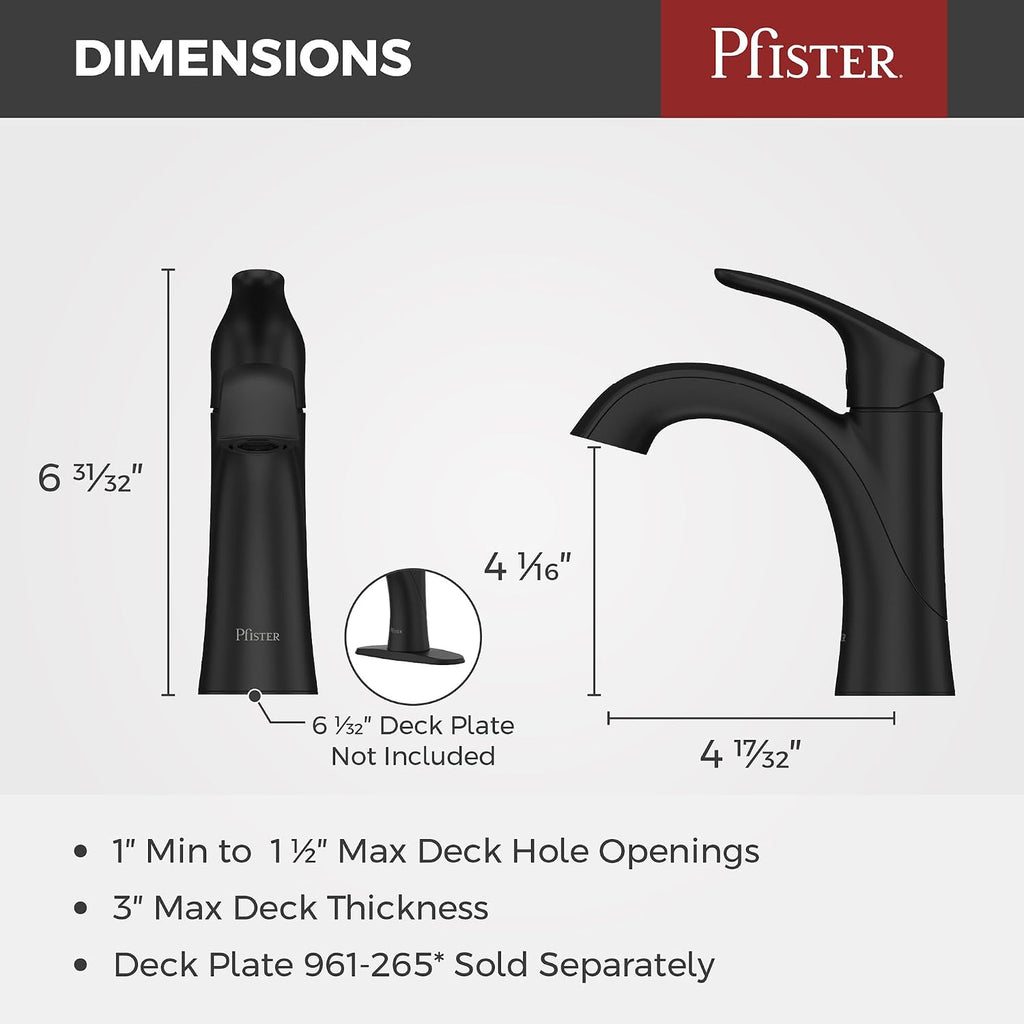 Pfister Weller Bathroom Sink Faucet, Single Handle, Single Hole or 3-Hole, Matte Black Finish, LG42WR0B