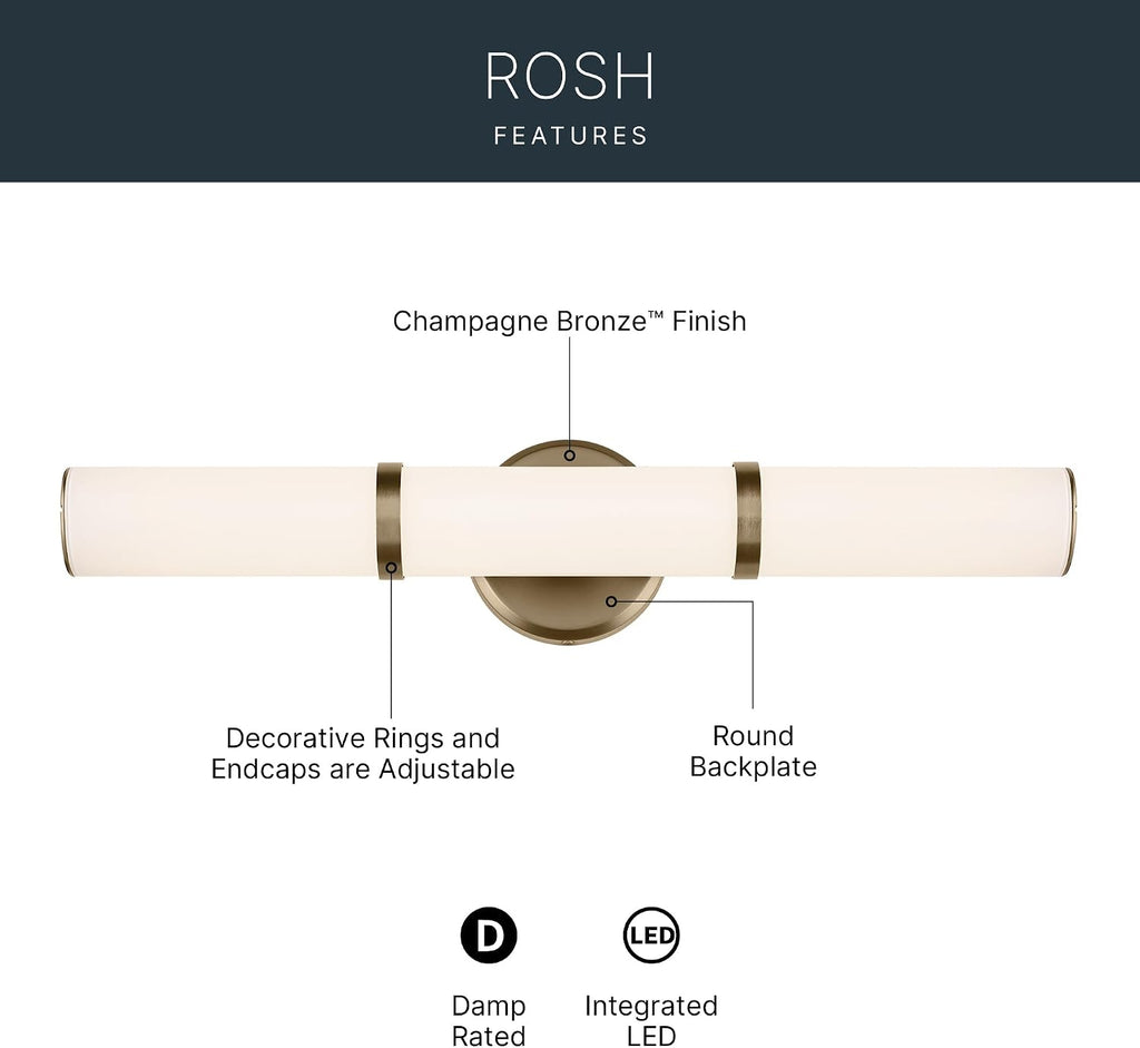 Kichler Rosh 24.25' LED Bathroom Vanity Light Fixture with White Glass in Champagne Bronze, Modern Minimalist Bath Bar for Mirror, Dimmable (24.25' W x 5' H), 55188CPZLED