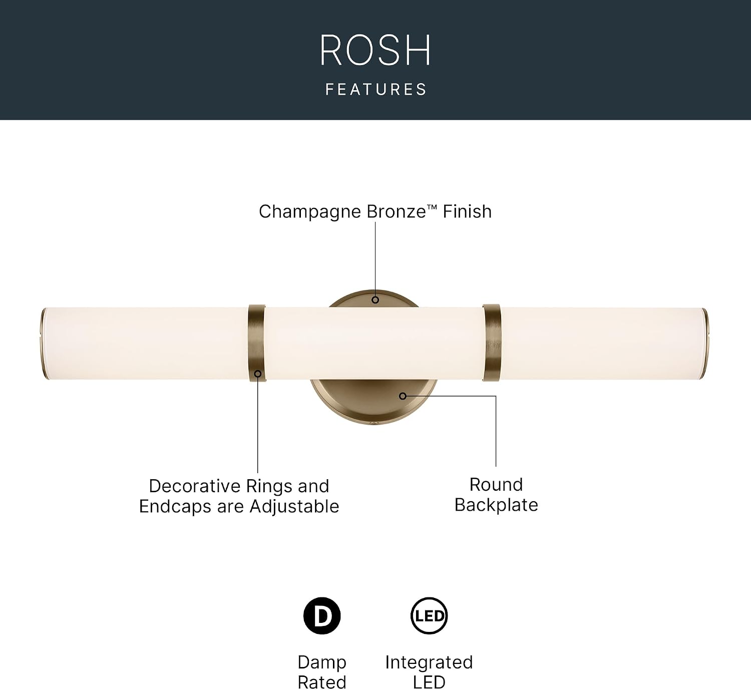 Kichler Rosh 24.25' LED Bathroom Vanity Light Fixture with White Glass in Champagne Bronze, Modern Minimalist Bath Bar for Mirror, Dimmable (24.25' W x 5' H), 55188CPZLED