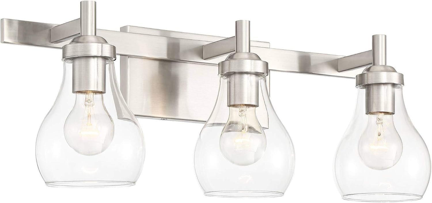 Possini Euro Design Danvers Modern Wall Mount Light Brushed Nickel Silver Hardwired 21' Wide 3-Light Fixture Clear Glass Globe Shade for Bathroom Vanity Mirror House Home Room Decor
