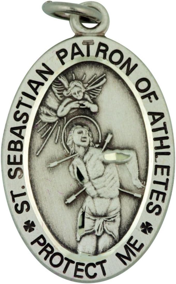 Religious Gifts Sterling Silver Saint St Sebastian Male Sports Athlete Medal Pendant, 1 1/16 Inch