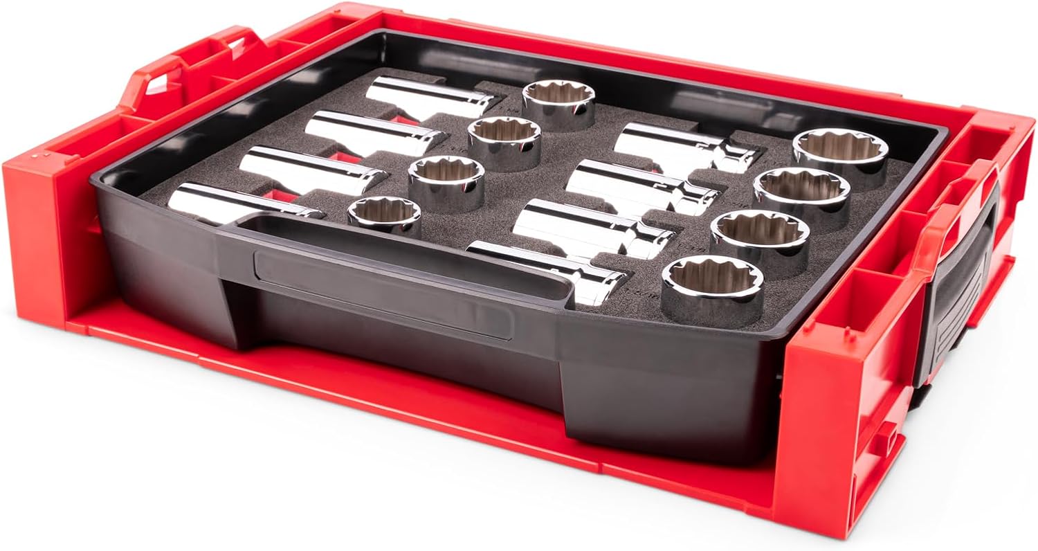TEKTON 1/2 Inch Drive Shallow and Deep 12-Point Socket Set with Open Top Drawer and Rack, 16-Piece (1-1/16-1-1/2 in.) | SHD92706