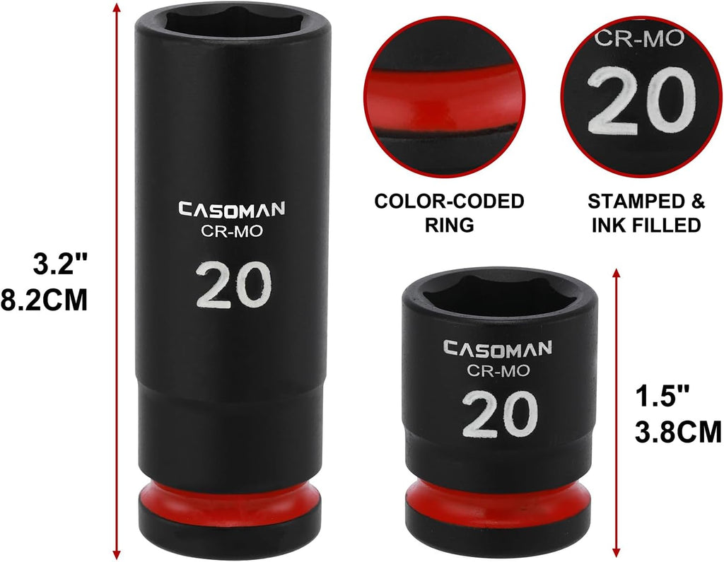 CASOMAN 43-Piece 1/2' Drive Master Impact Socket Set, Deep and Standard, 6-Point, Metric, 9mm - 30mm, CR-MO Steel, Impact Universal Joint & Extension Bars, with Storage Case
