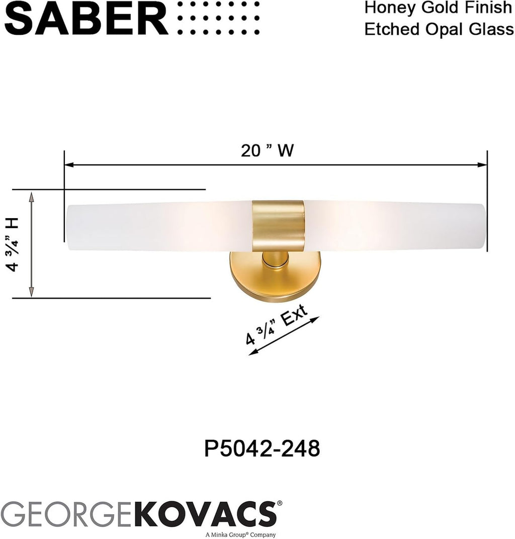 GEORGE KOVACS P5042-248 Saber Vanity Bath Light, 2-Light, 120 Total Watts, 4.75-in H x 20-in W, Honey Gold