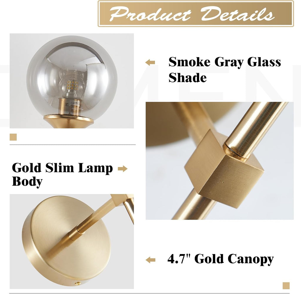 KCO Mid-Century Modern Wall Mounted Sconces Set of 2 Smoke Gray Glass Globe Wall Lamps with Long Arm Industrial Gold Wall Lights Fixture for Bedroom Bedside Stairway Hallway