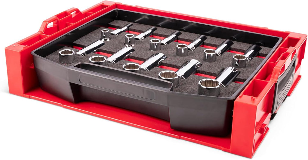 TEKTON 1/2 Inch Drive Shallow and Deep 12-Point Socket Set with Open Top Drawer and Rack, 22-Piece (3/8-1 in.) | SHD92705