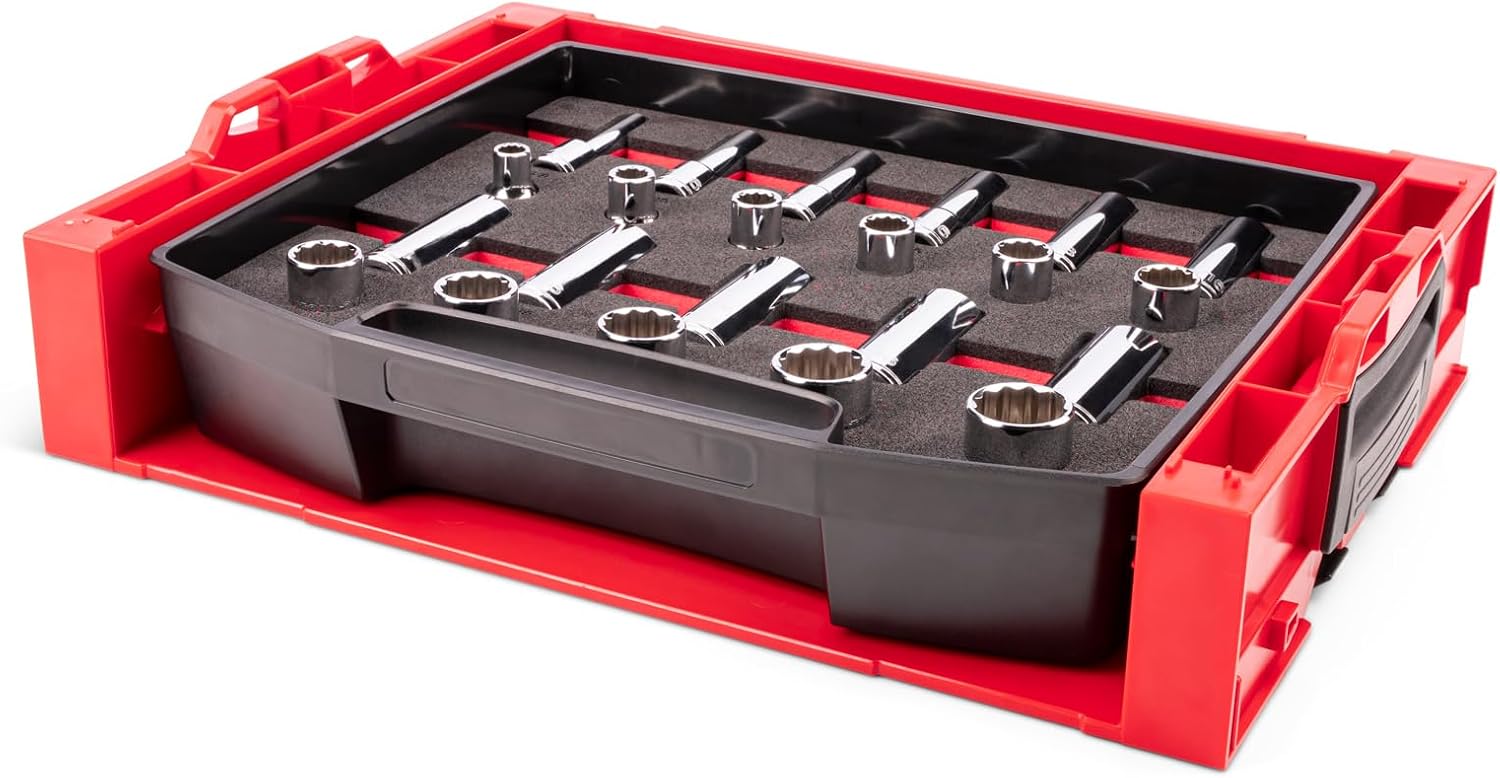 TEKTON 1/2 Inch Drive Shallow and Deep 12-Point Socket Set with Open Top Drawer and Rack, 22-Piece (3/8-1 in.) | SHD92705