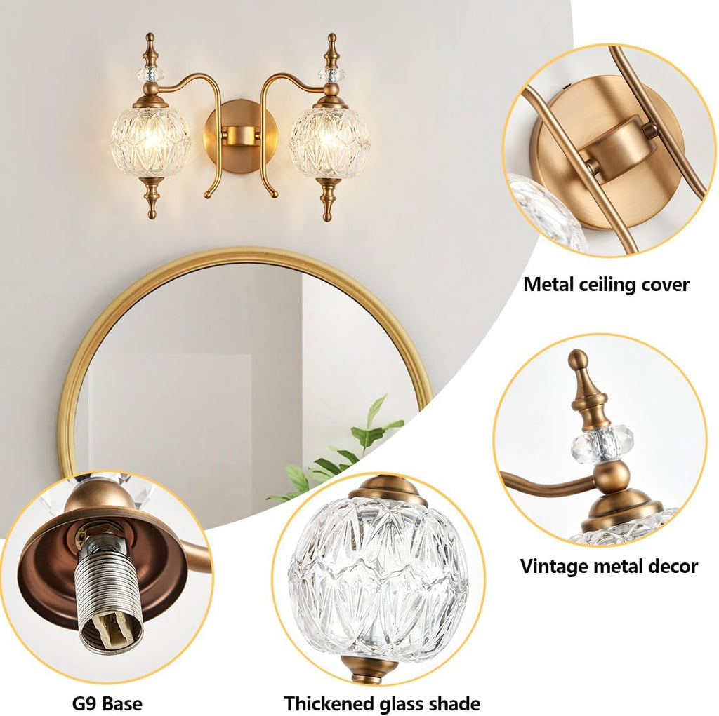 2-Light Vintage Crystal Bathroom Wall Sconces, Matte Brushed Antique Brass Finish Retro Wall Sconce Light with Crystal Glass Shade for Bathroom