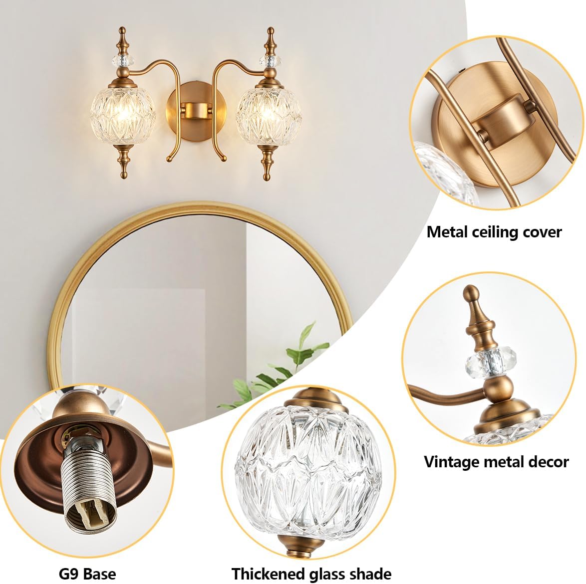 2-Light Vintage Crystal Bathroom Wall Sconces, Matte Brushed Antique Brass Finish Retro Wall Sconce Light with Crystal Glass Shade for Bathroom