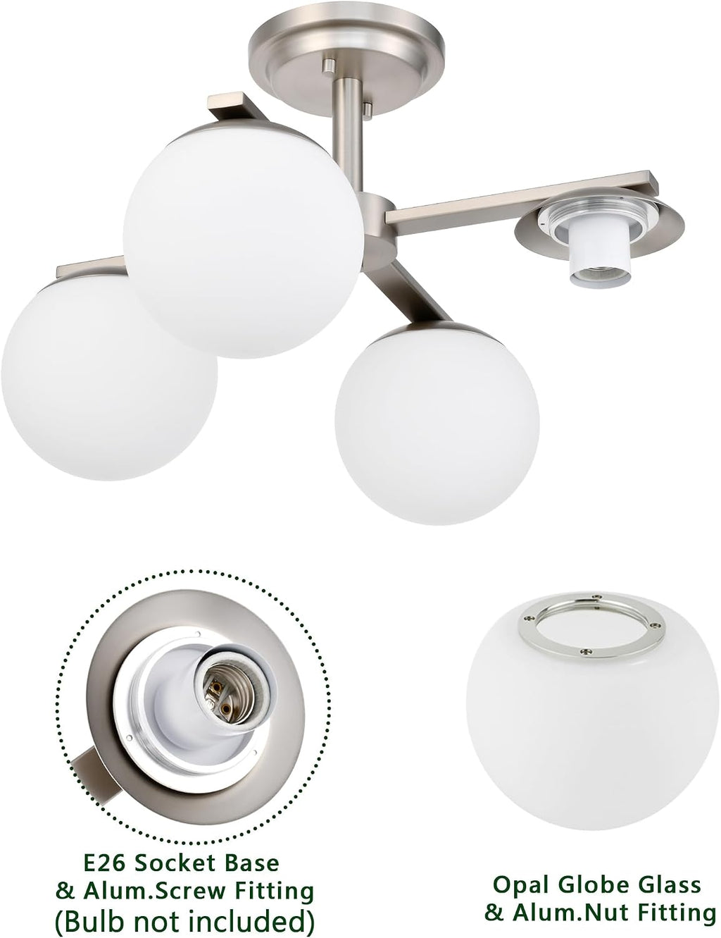 Brushed Nickel Semi Flush Mount Ceiling Light, 4-Ligh Modern Kitchen Lighting Fixtures with Globe Glass Shade, Hallway Light Fixtures Ceiling Mount for Dining Room, Living Room, Bedroom, Foyer
