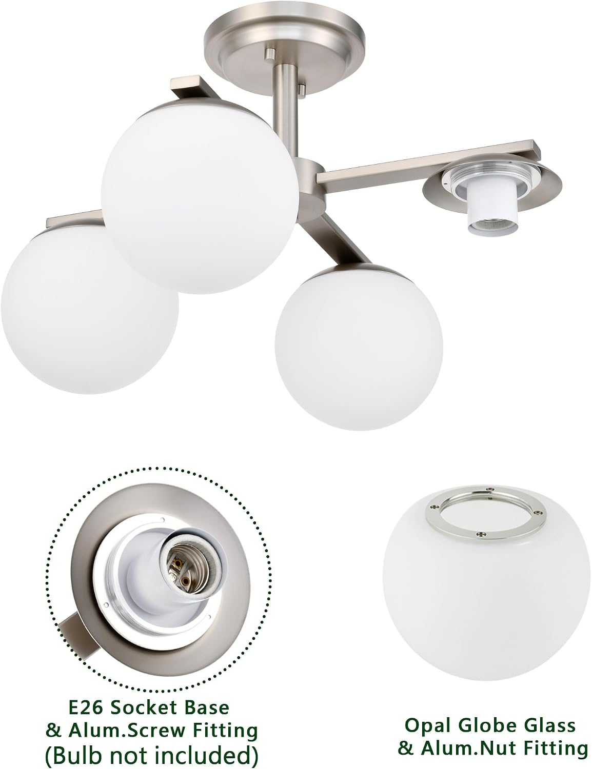 Brushed Nickel Semi Flush Mount Ceiling Light, 4-Ligh Modern Kitchen Lighting Fixtures with Globe Glass Shade, Hallway Light Fixtures Ceiling Mount for Dining Room, Living Room, Bedroom, Foyer