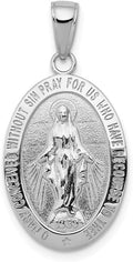 14K White Gold White Miraculous Medal High Polish and Satin Finish - Oval Shape Pendant