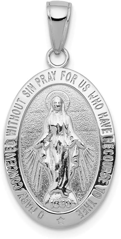14K White Gold White Miraculous Medal High Polish and Satin Finish - Oval Shape Pendant