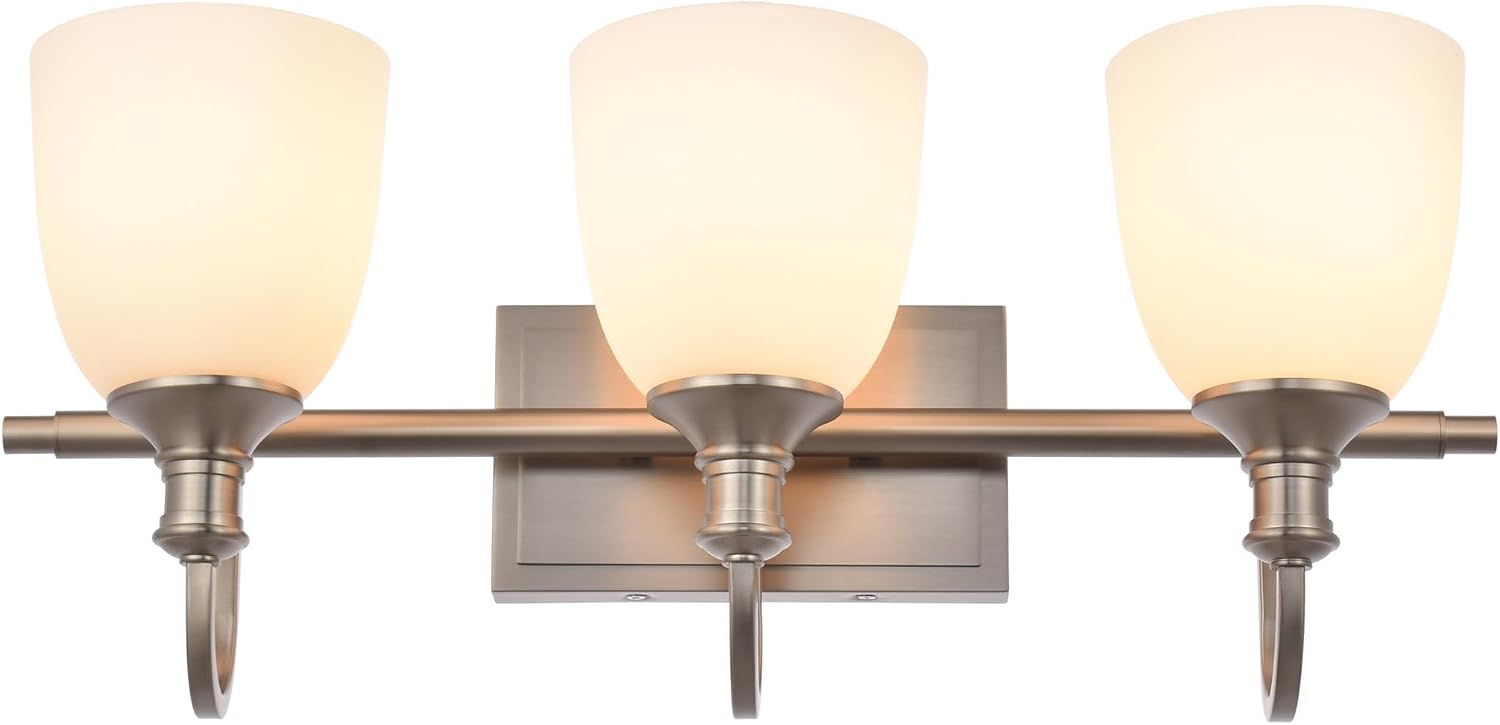 3 Light Brushed Nickel Vintage Bathroom Vanity Light Fixtures | Vintage, 3-light Bathroom vanity light, living room light, over mirror, over table, Brushed Nickel
