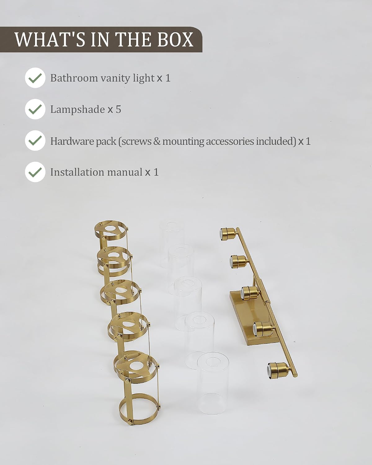 5-Light Brushed Gold Bathroom Light Fixtures Over Mirror with Clear Glass and Metal Cage Shade, 38' UL-Listed Modern Farmhouse Wall Sconce for Bath, Hardwire E26, OS-3014BG-5W