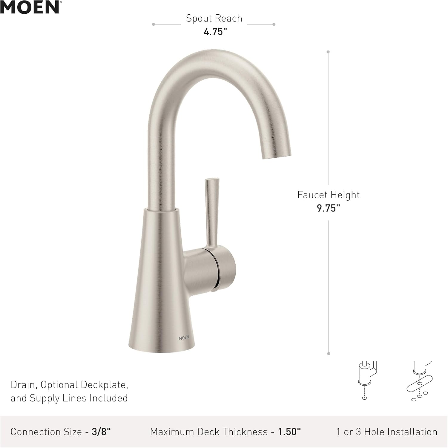 Moen Ronan One-Handle Bathroom Sink Faucet, Bronzed Gold | Single Hole, Optional Deckplate, Spring-Loaded Drain Assembly, 84021BZG
