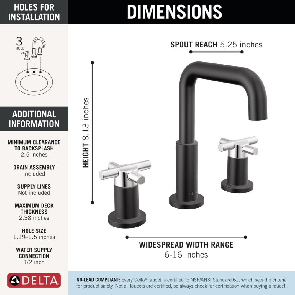Delta Faucet Nicoli Widespread Bathroom Faucet 3 Hole, Black/Chrome Bathroom Faucet, Bathroom Sink Faucet, Drain Assembly, Matte Black/Chrome 35894LF-CS