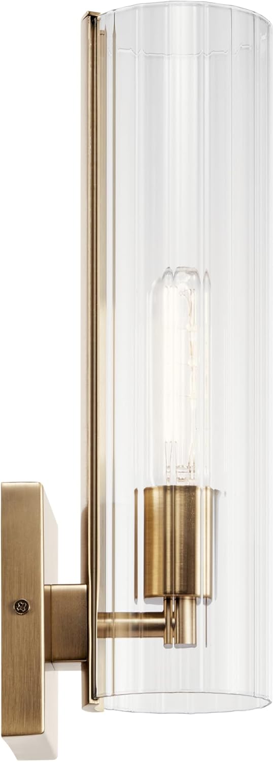 Kichler Jemsa 1 Light Wall Sconce, Modern Light with Clear Fluted Glass in Champagne Bronze for Bathroom, Powder Room, Sides of Fireplace, Down a Hallway, Kitchen, or Bedroom (14' x 4.75'), 55165CPZ