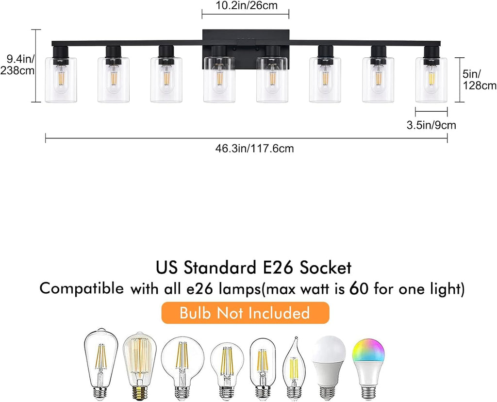 8 Light Bathroom Vanity Light, Matte Black Bathroom Vanity Lights Over Mirror with Sturdy Clear Glass Shade, 8 Lights Count Large Bath Light Fixtures for Mirror, Bedroom, Living Room, Wall Sconce