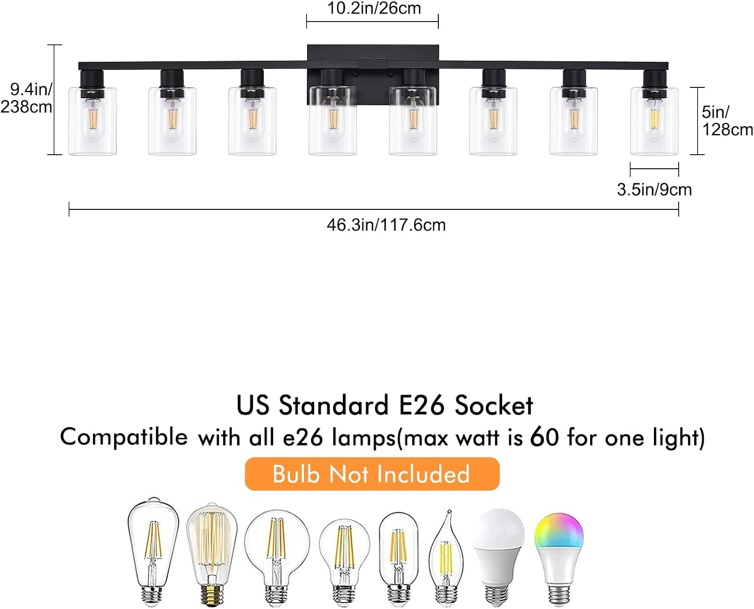 8 Light Bathroom Vanity Light, Matte Black Bathroom Vanity Lights Over Mirror with Sturdy Clear Glass Shade, 8 Lights Count Large Bath Light Fixtures for Mirror, Bedroom, Living Room, Wall Sconce