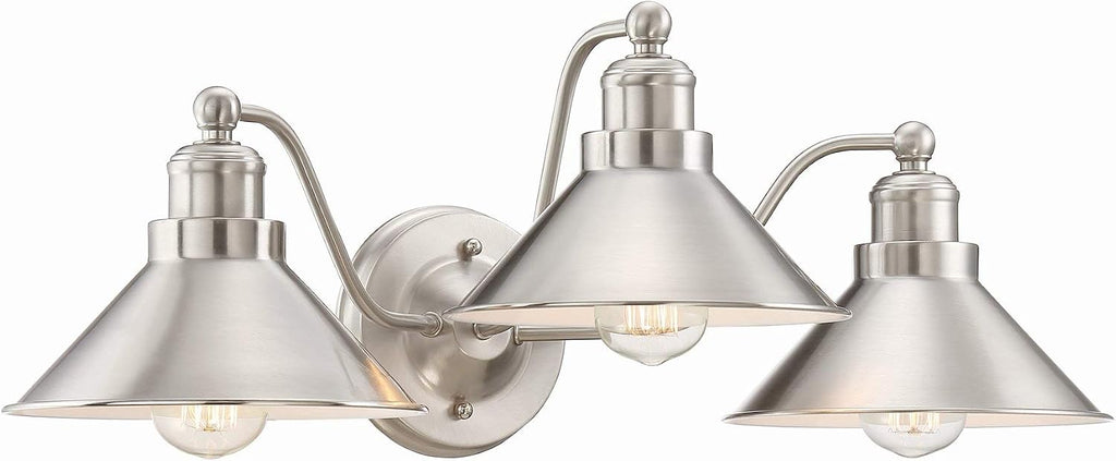 Kira Home Welton 25.5' 3-Light Modern Farmhouse Vanity Light with Funnel Shades, Industrial Silver Wall Sconce Bathroom Light, Brushed Nickel Finish