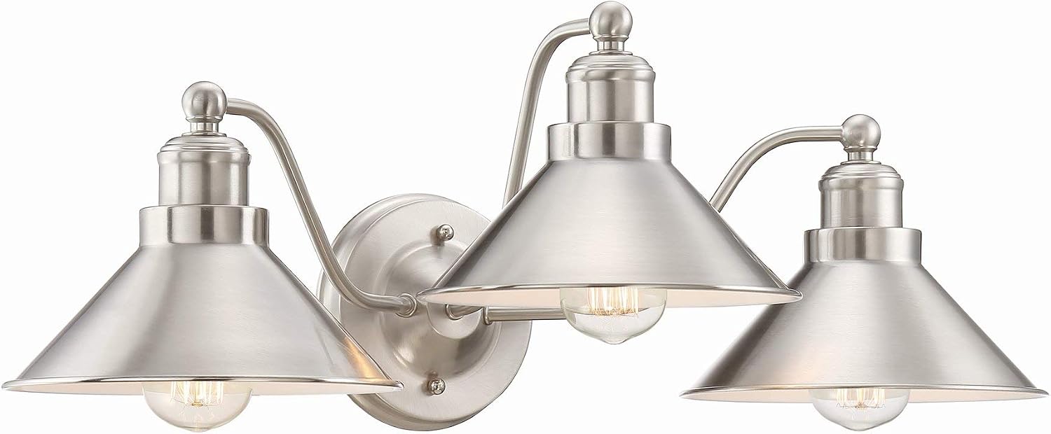 Kira Home Welton 25.5' 3-Light Modern Farmhouse Vanity Light with Funnel Shades, Industrial Silver Wall Sconce Bathroom Light, Brushed Nickel Finish