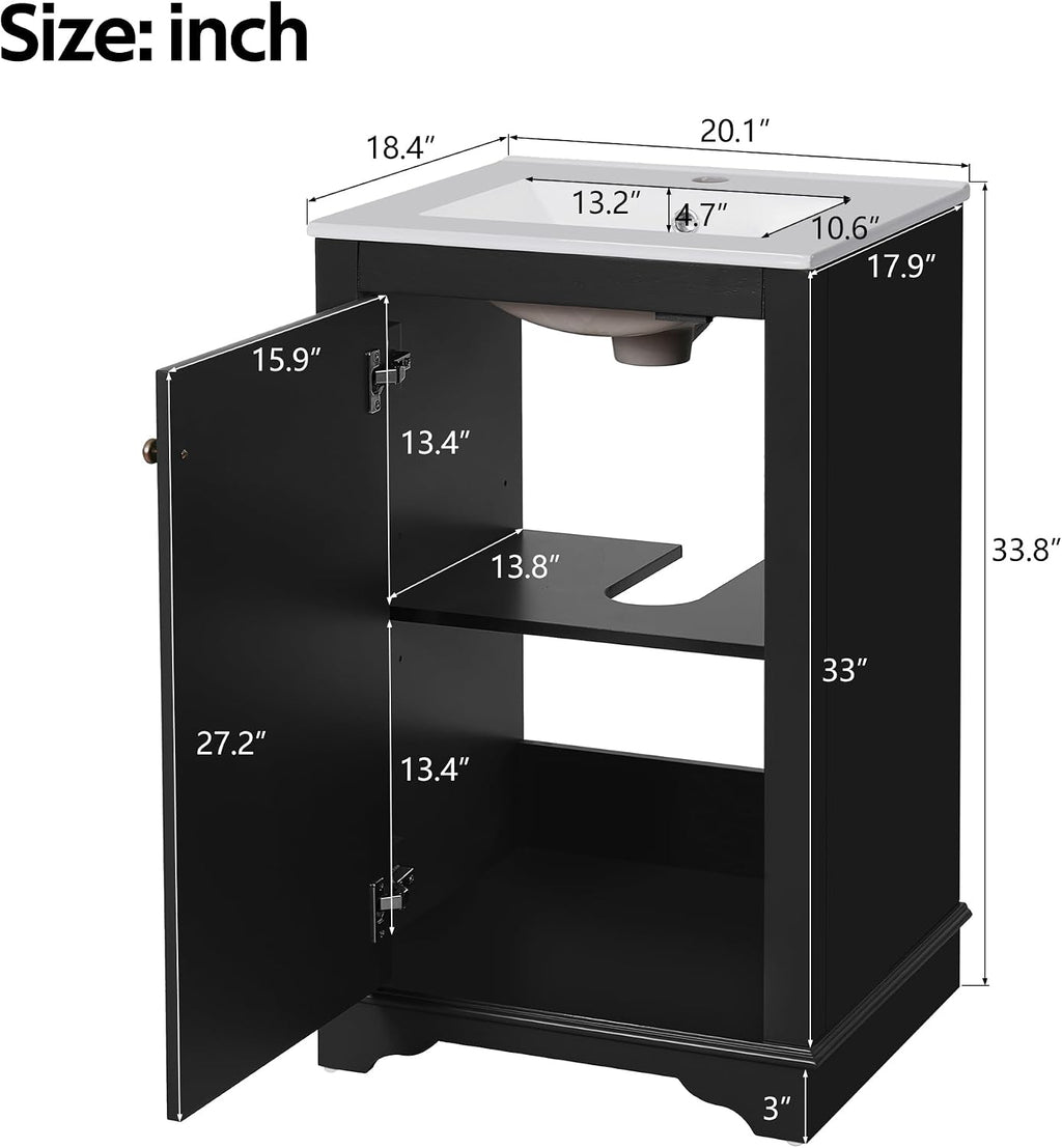 Merax 20' Narrow Bathroom Vanity with Ceramic Sink, Freetanding Modern Single Vanity Set with Soft Closing Door and Adjustable Shelf (Black)