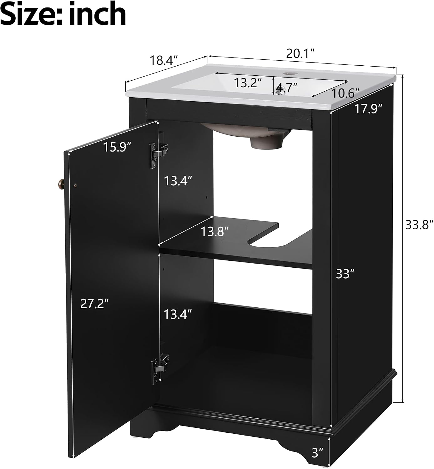 Merax 20' Narrow Bathroom Vanity with Ceramic Sink, Freetanding Modern Single Vanity Set with Soft Closing Door and Adjustable Shelf (Black)