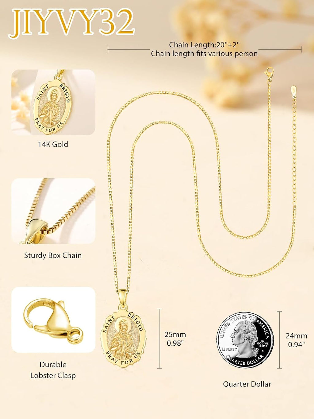 14K Gold Saint Medal Necklace for Women, Catholic Patron Saint Pendant Necklace, Christian Religious Jewelry Gift for Confirmation Baptism Communion Christmas Birthday