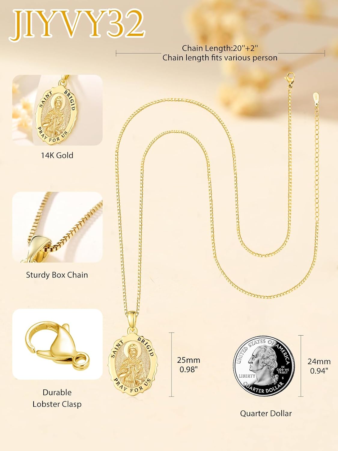 14K Gold Saint Medal Necklace for Women, Catholic Patron Saint Pendant Necklace, Christian Religious Jewelry Gift for Confirmation Baptism Communion Christmas Birthday
