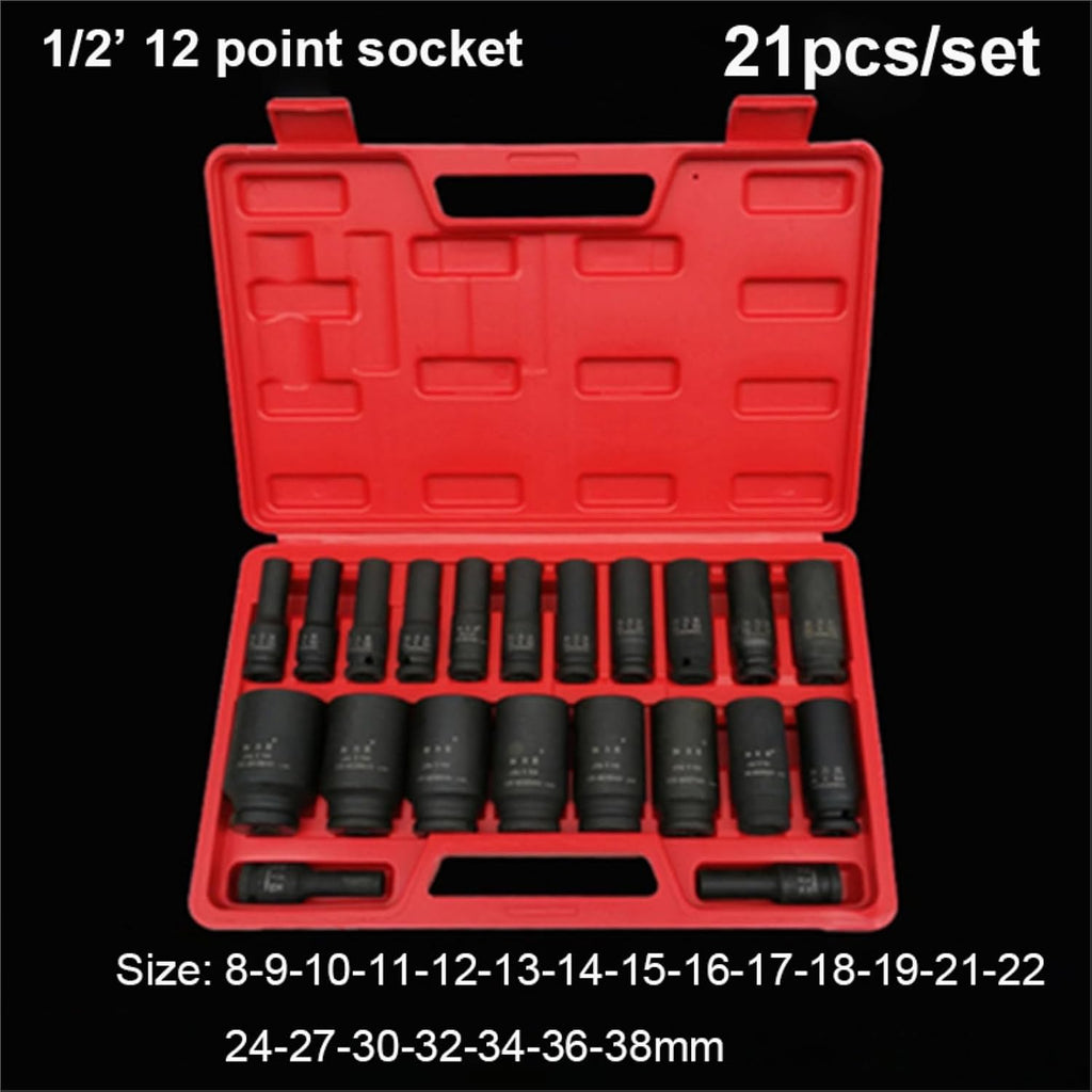21Pcs 1/2' Square Drive 12 point Deep Socket Bit Ratchet wrench Sockets Hand Tool 12 Angles Plum Blossom Sleeve 8-38mm