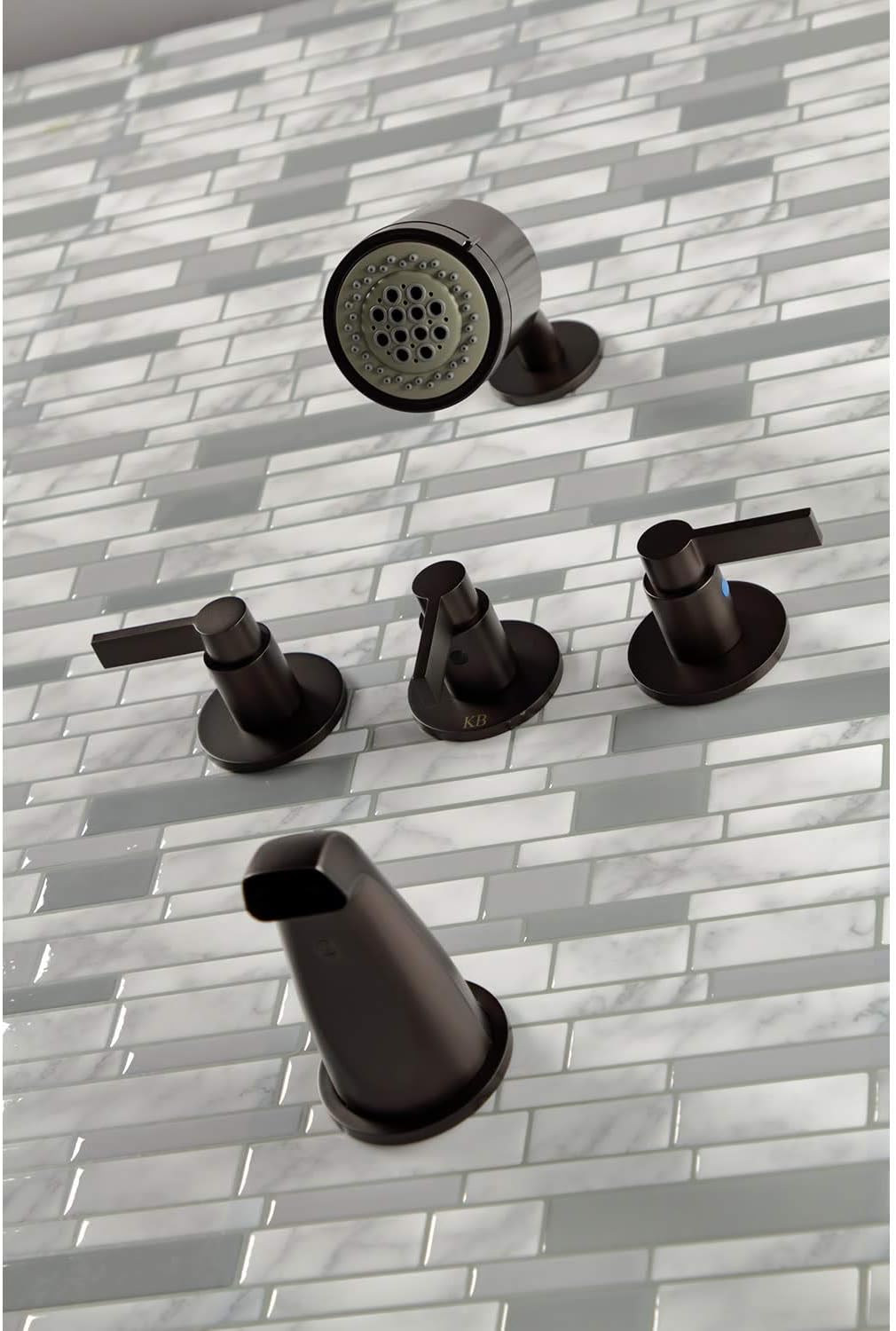 Kingston Brass KBX8133NDL NuvoFusion Triple-Handle Tub and Shower Faucet in Antique Brass