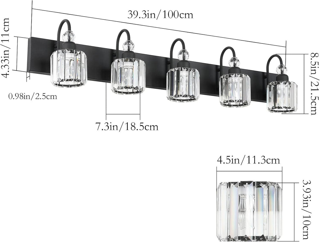 Ralbay Modern Crystal Black 5-Light Bathroom Vanity Light, Matte Black Crystal Bath Wall Light Fixtures
