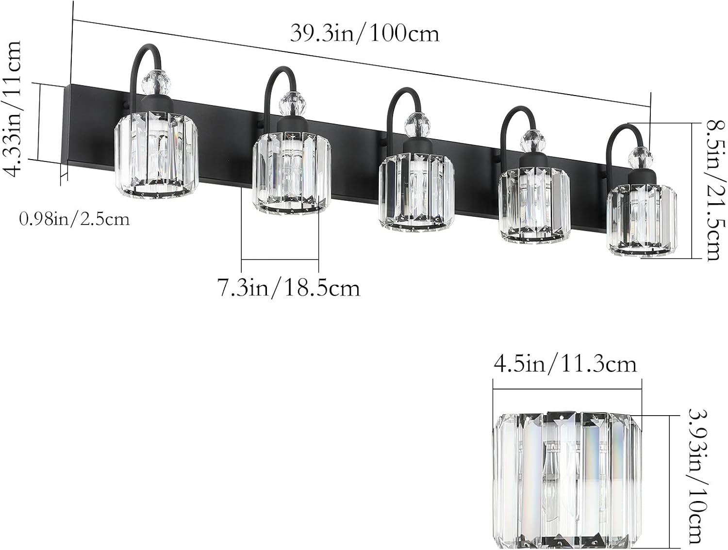 Ralbay Modern Crystal Black 5-Light Bathroom Vanity Light, Matte Black Crystal Bath Wall Light Fixtures