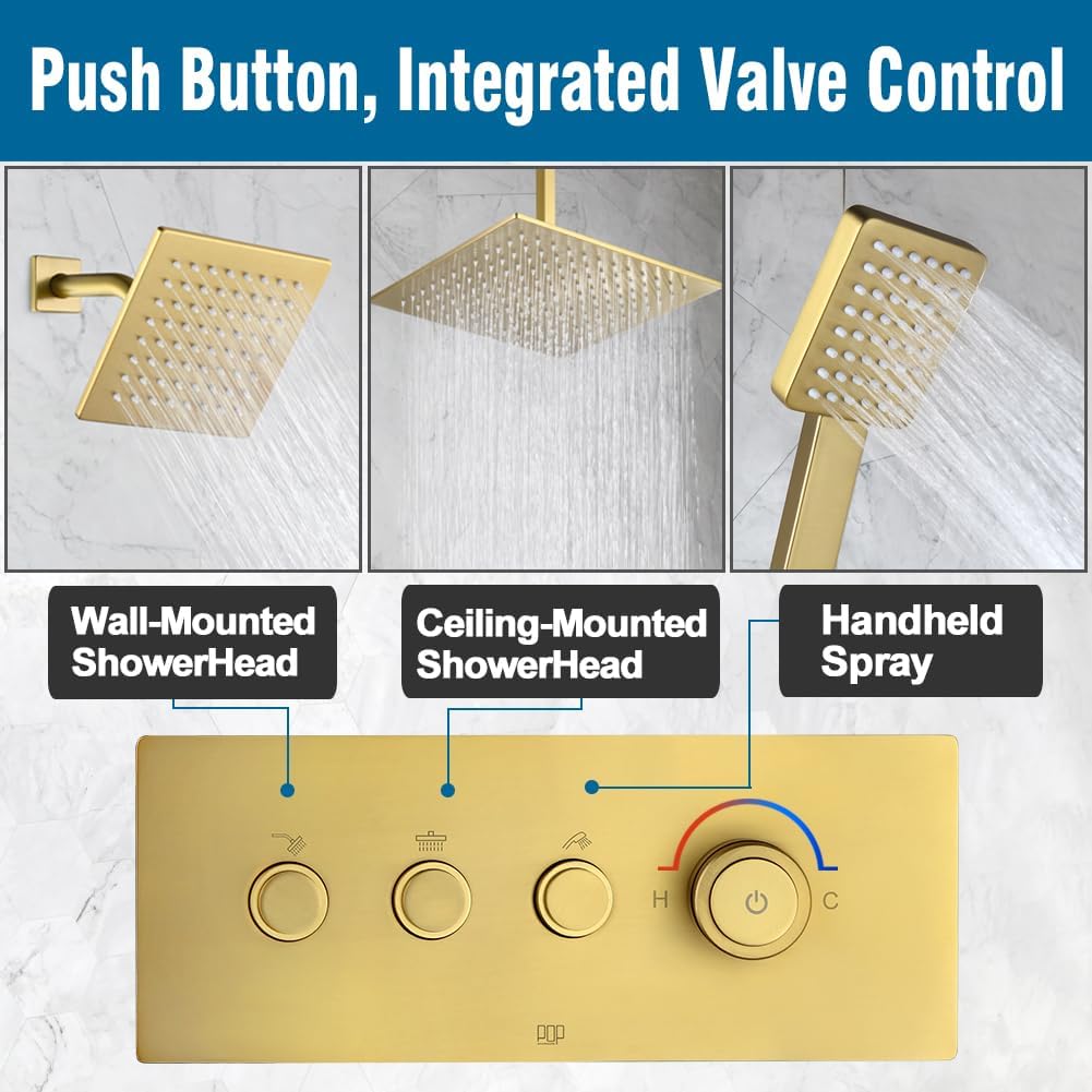 Brushed Gold Shower Faucet Set, Push Button Diverter Shower System, 12 Inch Ceiling Shower Head with 6 Inch Wall Mounted Shower Head and Handle Set, Include Shower Valve and Trim Kit