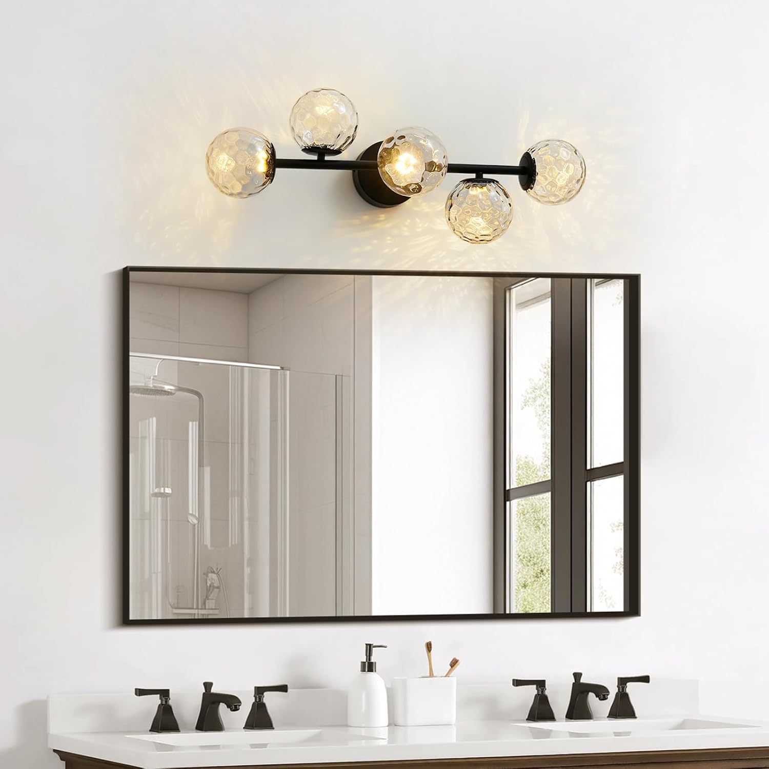 Black LED Bathroom Vanity Light: 5-Light Hammered Clear Glass Globe Bathroom Vanity Lights Fixture over Mirror - Mid Century Modern Dimmable Matte Black Bath Room Makeup Fireplace Wall Sconce Lighting