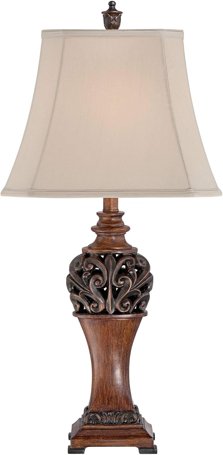 Regency Hill Exeter Traditional 3-Way Table Lamps 30' Tall Set of 2 with Table Top Dimmers Bronze Wood Carved Leaf Creme Rectangular Shade for Cottage Core Living Room Bedroom House Nightstand