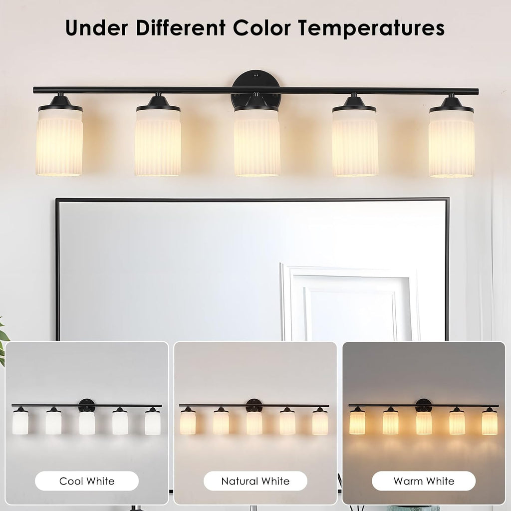 Jonsi Black Bathroom Light Fixtures 5-Light Vanity Lights Modern Wall Sconce with Milk White Shade Brushed Brass Bathroom Light Fixture Over Mirror for Bedroom Hallway Kitchen