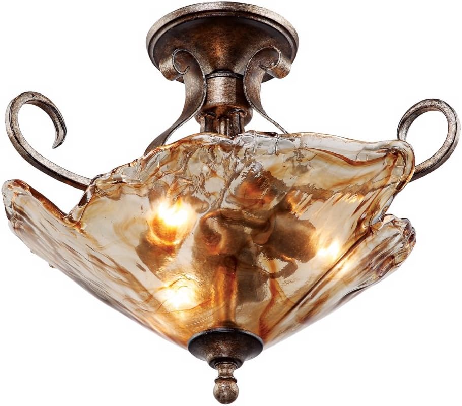 Franklin Iron Works Amber Scroll Rustic Ceiling Light Semi Flush Mount Fixture Golden Bronze 20 1/4' Wide Art Glass for Cottage Core Bedroom Kitchen Living Room Hallway Bathroom (Colors May Vary)