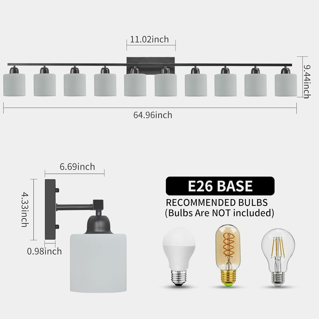 10 Light Black Vanity Lights for Giant Mirror, Bathroom Vanity Lights Over Mirror with Milky White Frosted Glass Shades,65 inch Bathroom Light Fixture for Mirrors, E26