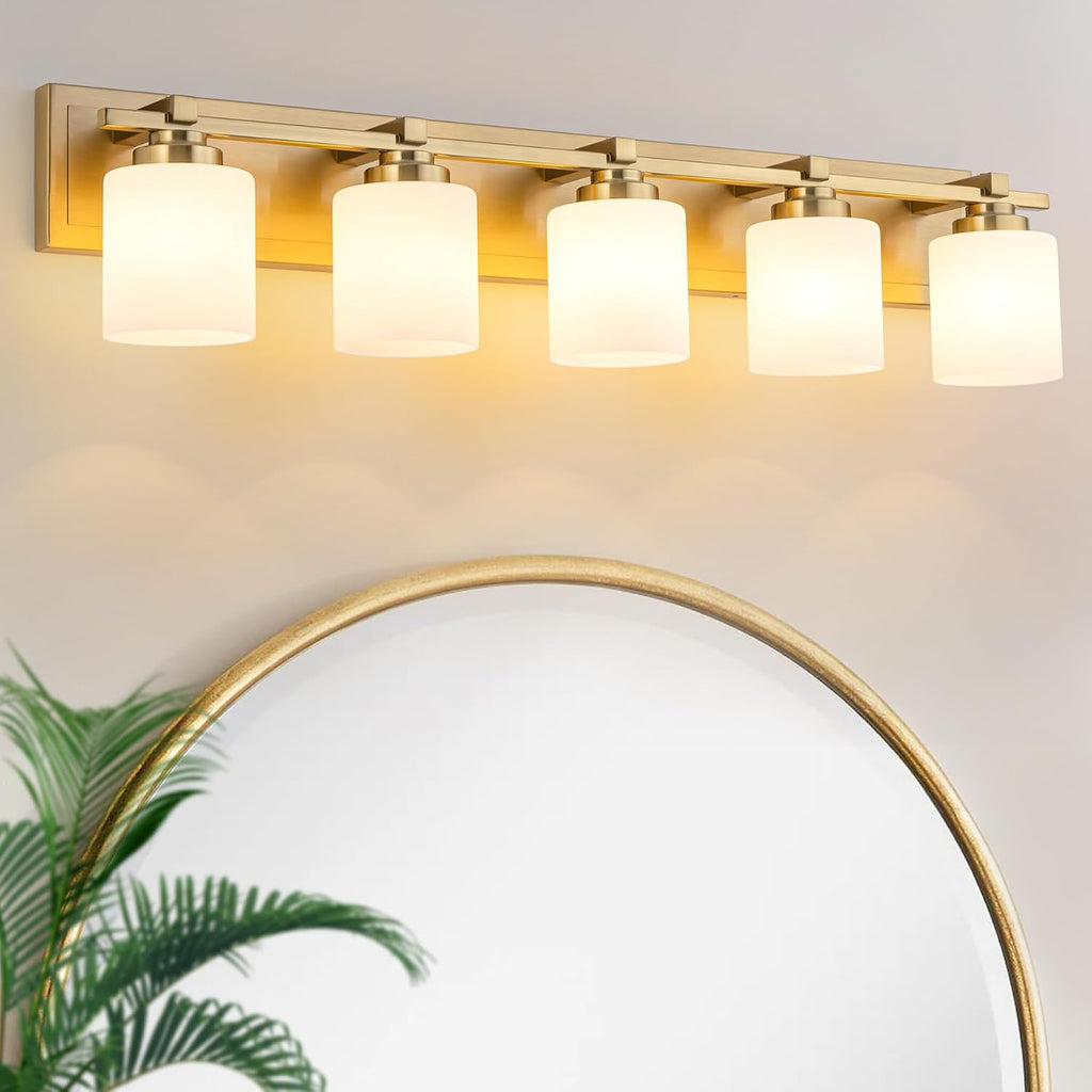 Modern Bathroom Light Fixtures Over Mirror, Vanity Lights for Bathroom Wall Sconces with Milky White Glass Shades, E26 Socket (Bulbs Not Included), 5 Light, Brass