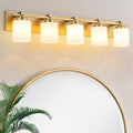 Modern Bathroom Light Fixtures Over Mirror, Vanity Lights for Bathroom Wall Sconces with Milky White Glass Shades, E26 Socket (Bulbs Not Included), 5 Light, Brass
