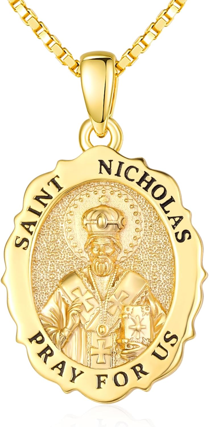 14K Gold Saint Medal Necklace for Women, Catholic Patron Saint Pendant Necklace, Christian Religious Jewelry Gift for Confirmation Baptism Communion Christmas Birthday