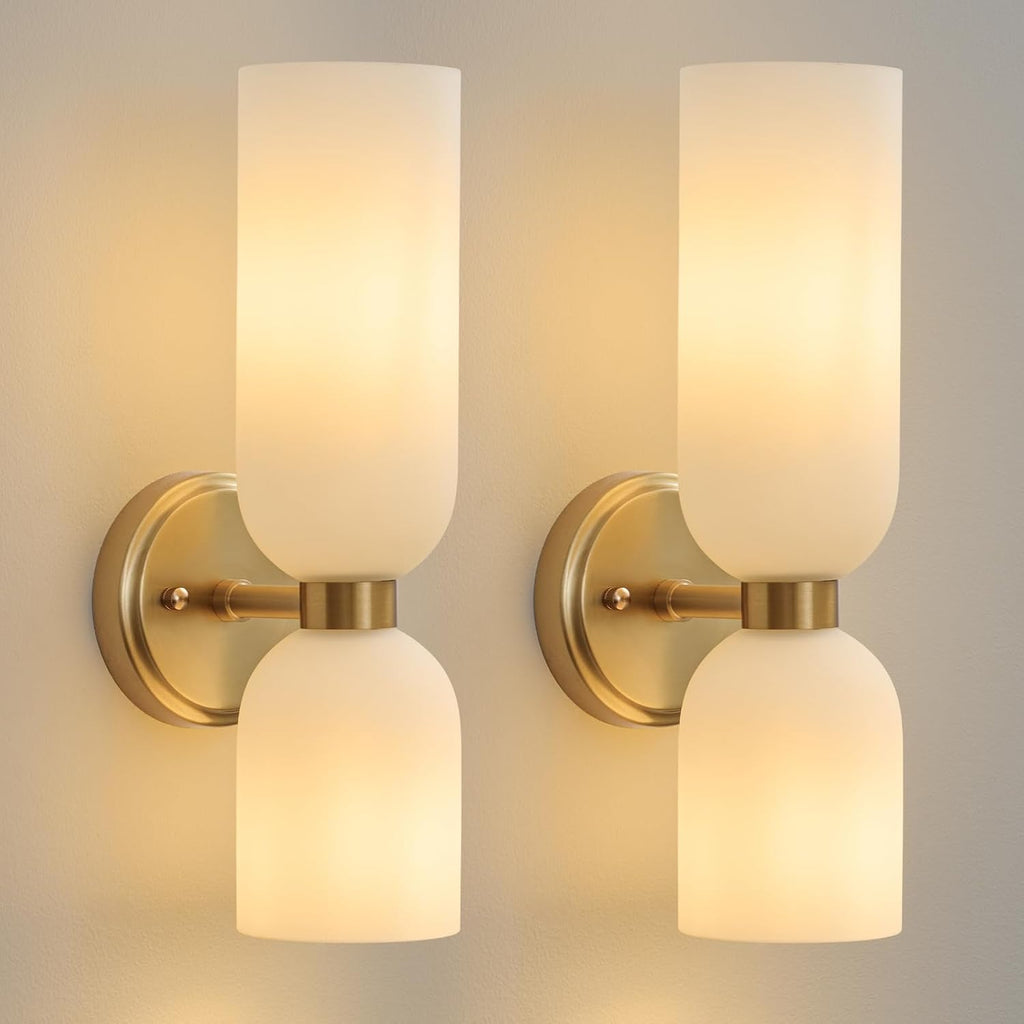 Mid Century Bathroom Wall Sconce - Set of 2 Modern Brushed Gold Brass Sconces - Frosted Milk White Glass Indoor Dimmable Lighting Fixture with Bulb - Double Vanity Lights for Bedroom Living Room Decor