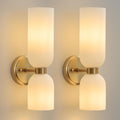 Mid Century Bathroom Wall Sconce - Set of 2 Modern Brushed Gold Brass Sconces - Frosted Milk White Glass Indoor Dimmable Lighting Fixture with Bulb - Double Vanity Lights for Bedroom Living Room Decor
