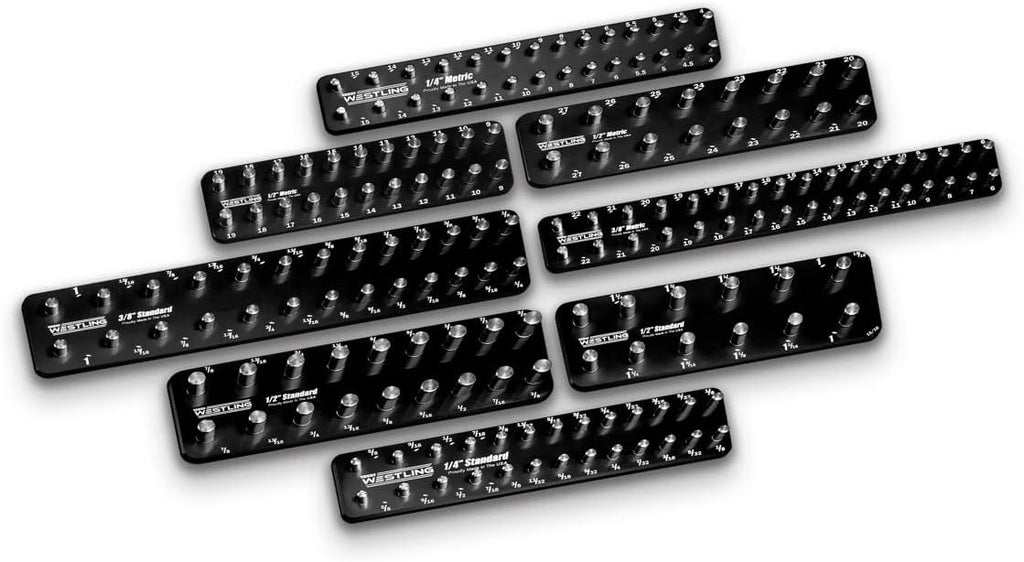 Westling USA Premium Aluminum Starter 8 Piece Socket Tray/Organizer Set, Holds 152 Standard and Metric Sockets (Black/Black, 2 Row)