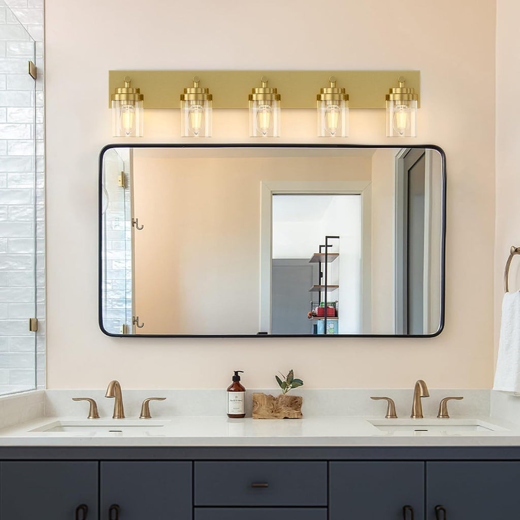 IZORRO Bathroom Vanity Light Fixture, 5-Light 36 Inch Gold Bathroom Light Fixtures Over Mirror, with Clear Glass Shade, Modern Farmhouse Vanity Lights, Rustic Restroom Lighting Fixtures