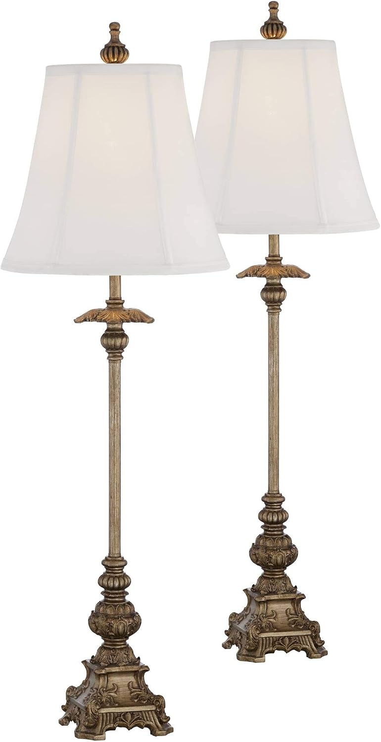 Regency Hill Juliette Traditional French Country Style Buffet Table Lamps 36.5' Tall Skinny Set of 2 Antique Gold Ornate Base White Fabric Bell Shade Decor for Living Room House Home Dining